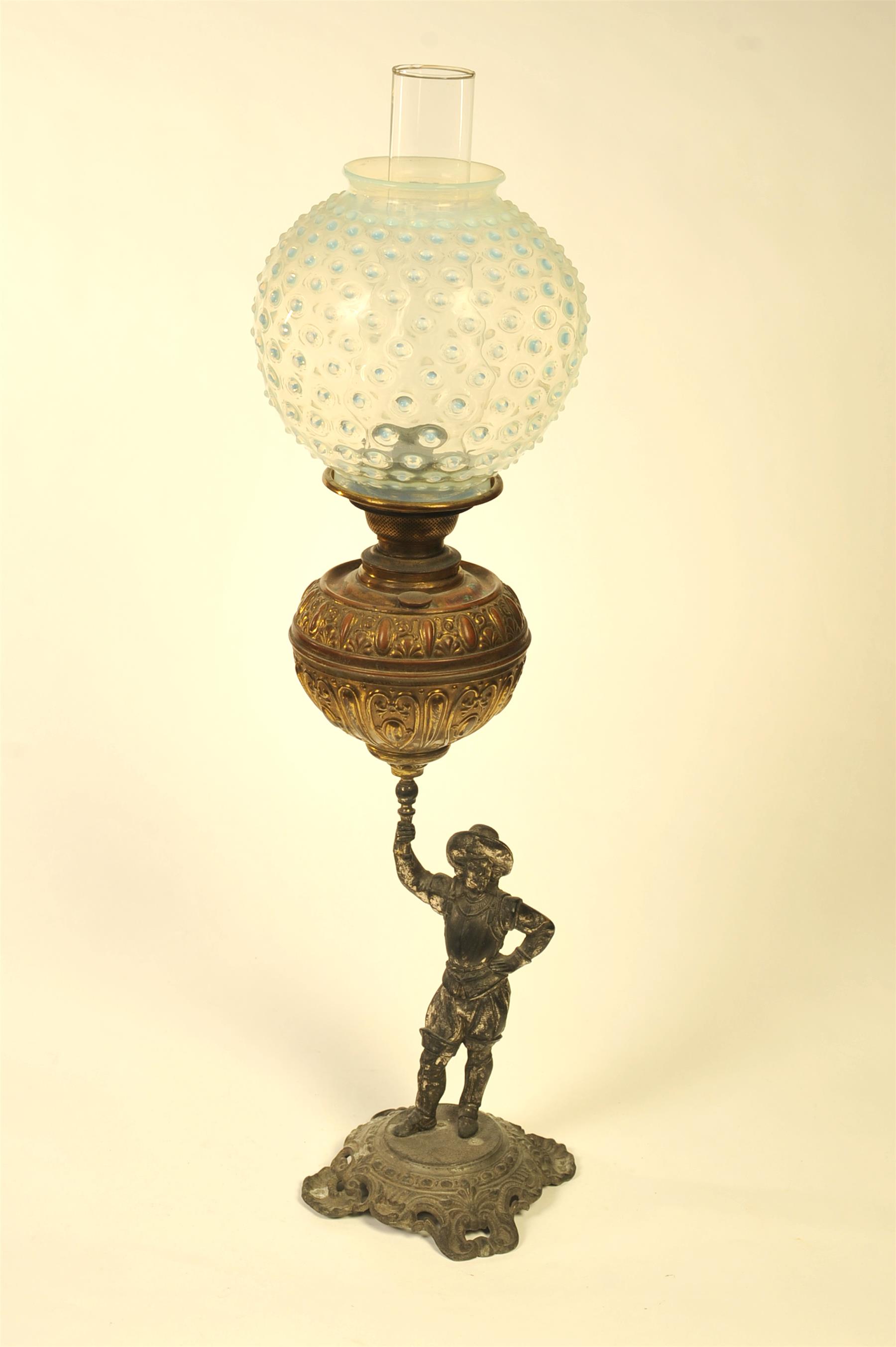 Appraisal: FIGURAL BANQUET LAMP WITH HOBBNAIL SHADE American th quarter- th