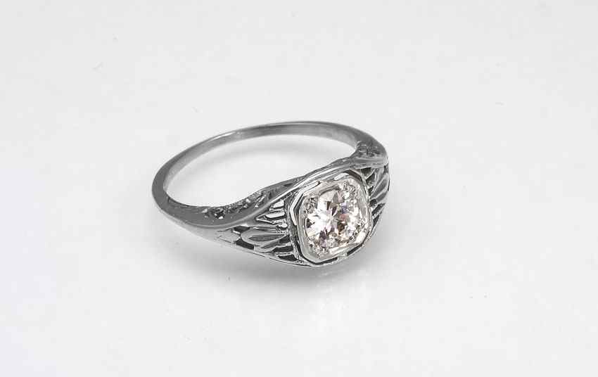 Appraisal: EDWARDIAN FILIGREE DIAMOND SOLITAIRE RING K white gold filigree ring