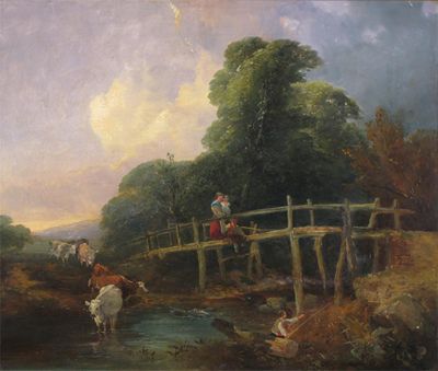 Appraisal: English School th Century Figures on a bridge with cattle