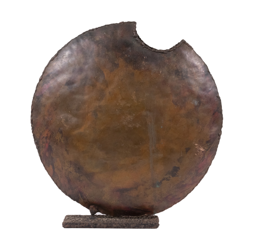 Appraisal: BRUTALIST DESIGN COPPER VASE Circular Flat Form in hammered copper