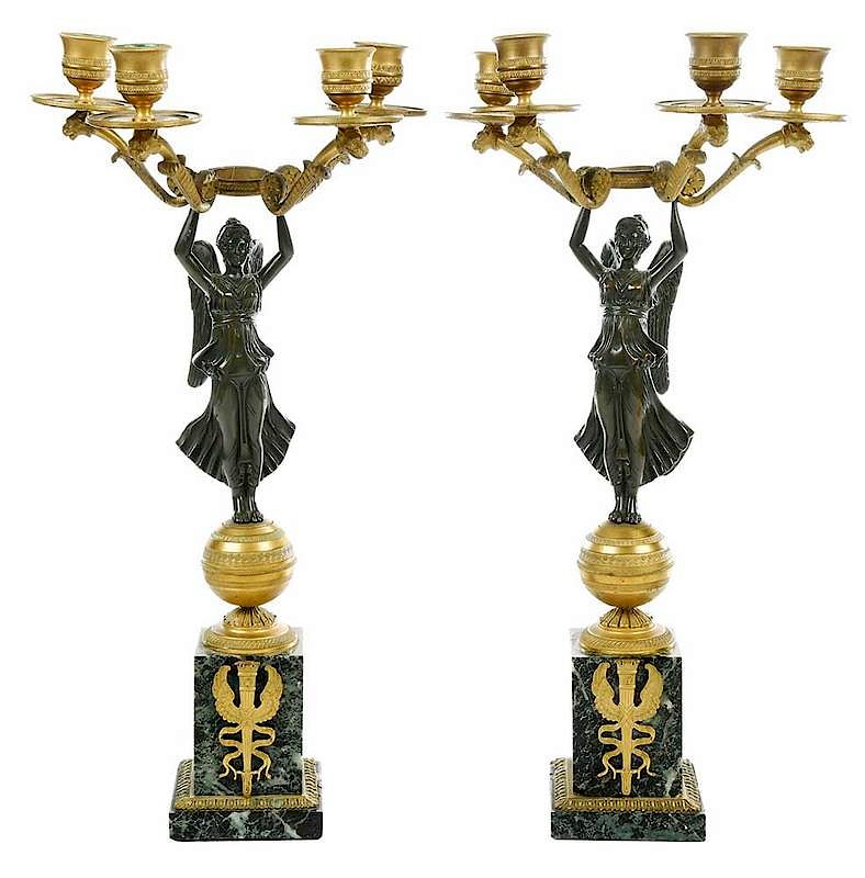 Appraisal: Pair Empire Style Patinated Bronze Candelabra French late th century