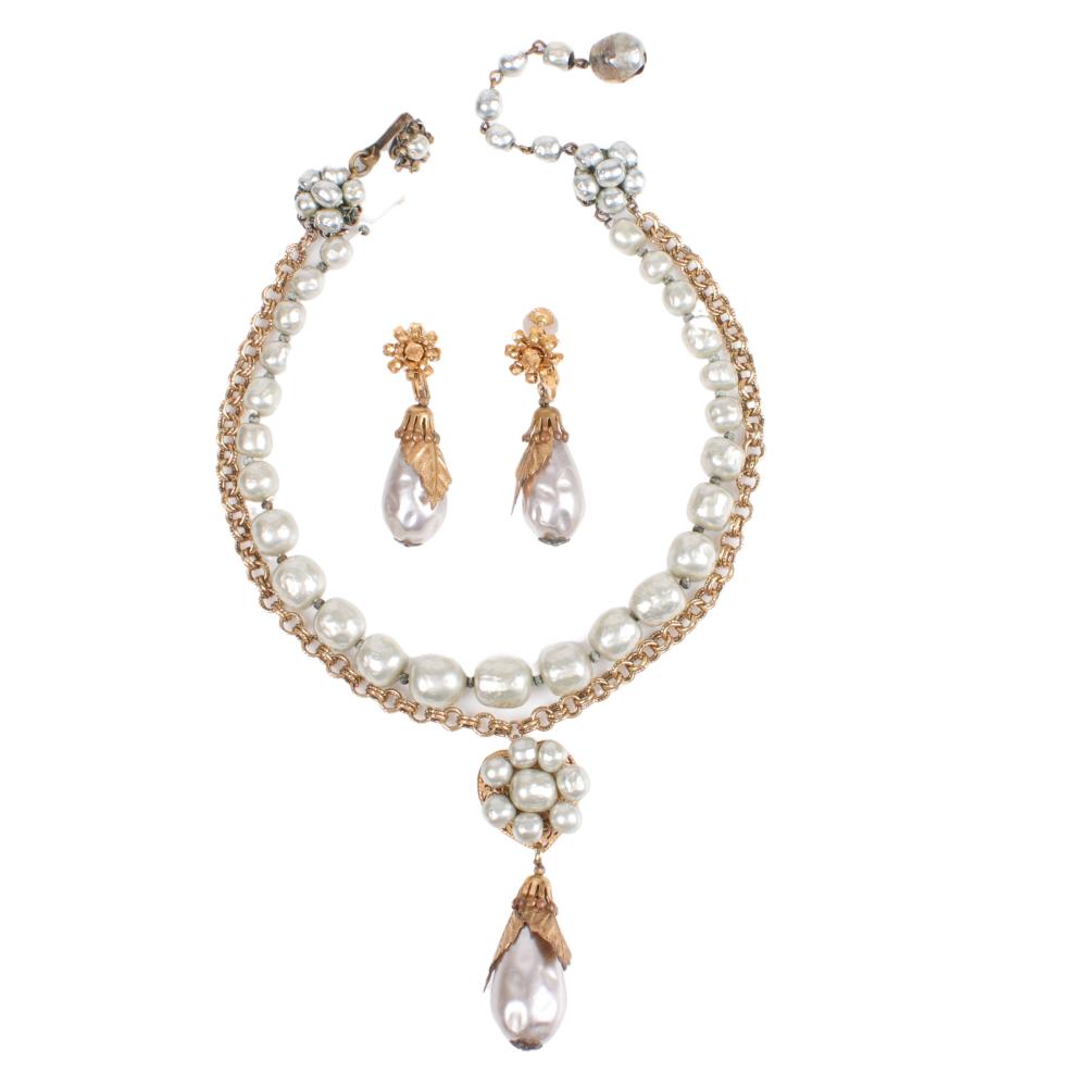 Appraisal: MIRIAM HASKELL GRAY FAUX PEARL NECKLACE EARRING SET DOUBLE STRAND