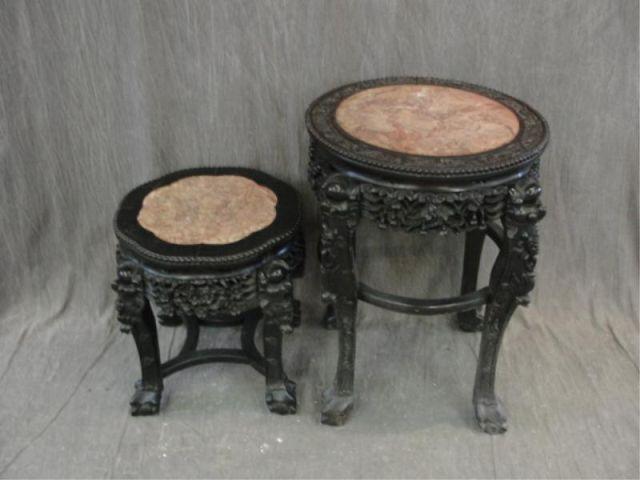 Appraisal: Asian Style Highly Carved Marbletop End Tables From a prominent