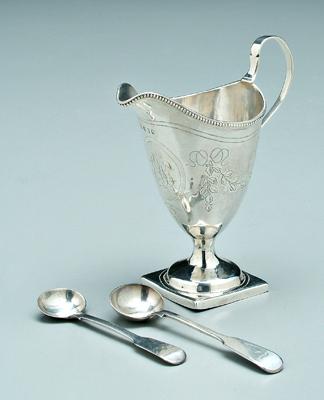 Appraisal: English silver pitcher salt spoons helmet form cream pitcher overstruck