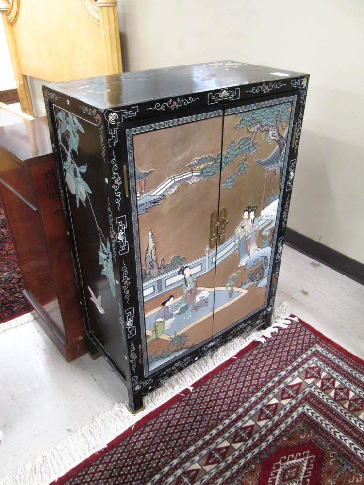 Appraisal: SMALL TWO-DOOR STORAGE CABINET Chinese th century a black lacquer