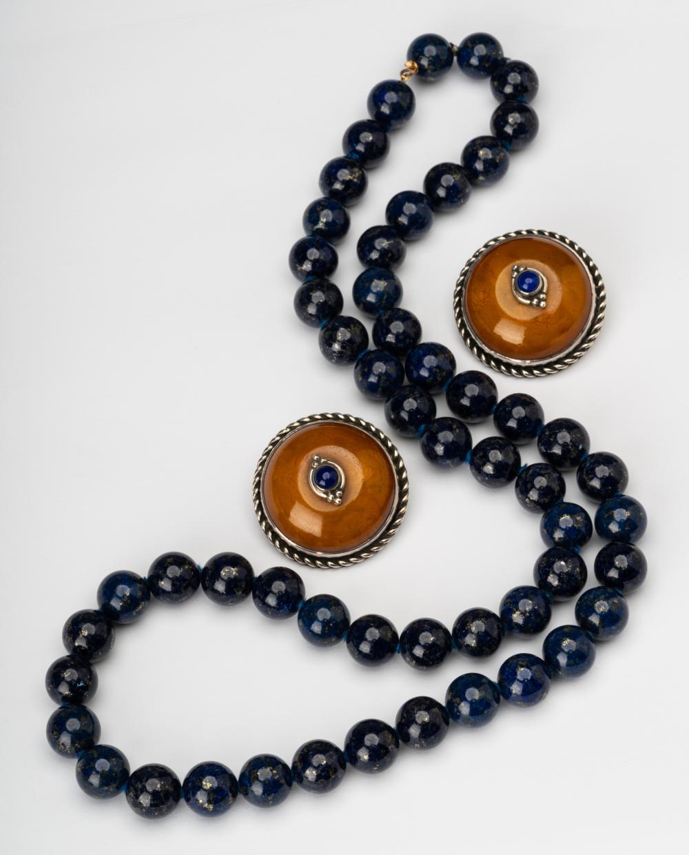 Appraisal: LAPIS NECKLACE WITH EARRINGSIncluding a single strand necklace composed of