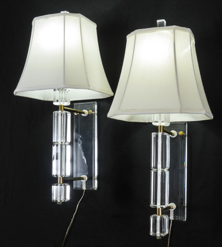 Appraisal: PAIR OF LUCITE WALL SCONCE LIGHT WITH SHADES Brass frame