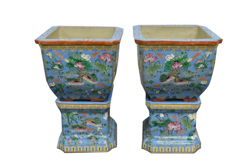 Appraisal: PAIR OF CHINESE ENAMELED PORCELAIN PLANTERSEach tapered square upper section