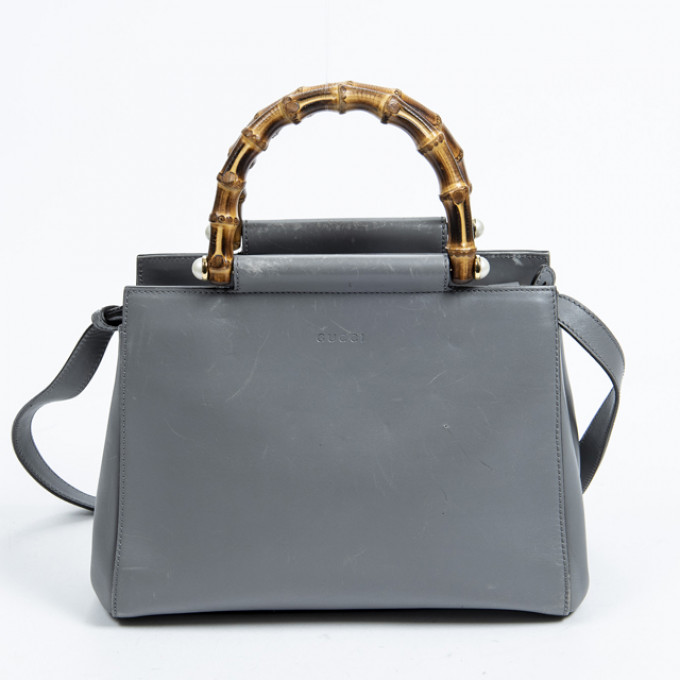 Appraisal: Gucci Nymphaea Bamboo Bag in grey smooth calfskin leather with