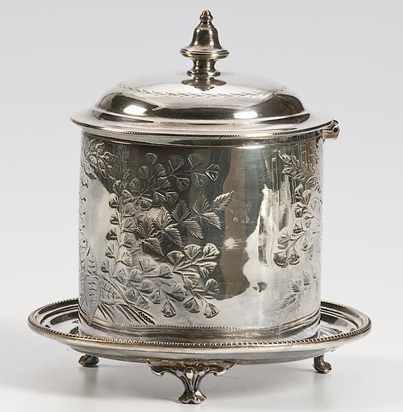 Appraisal: AESTHETIC MOVEMENT SILVER BISCUIT BOX Silverplate with pseudo marks ca