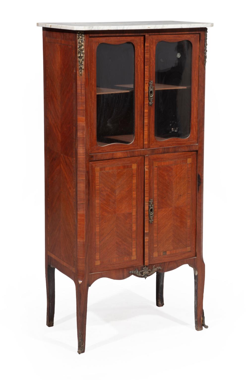 Appraisal: Louis XVI-Style Bronze-Mounted Inlaid Kingwood Vitrine th c marble top