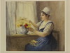 Appraisal: WATERCOLOR - Young French girl arranging flowers at window by