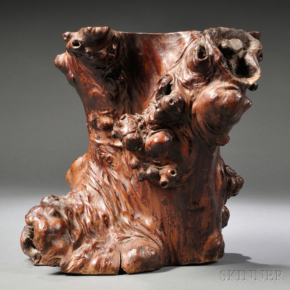 Appraisal: Root Brush Pot China hardwood naturally formed and weathered finished