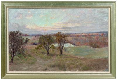 Appraisal: Hal Robinson painting American - landscape with sunset lake rooftop