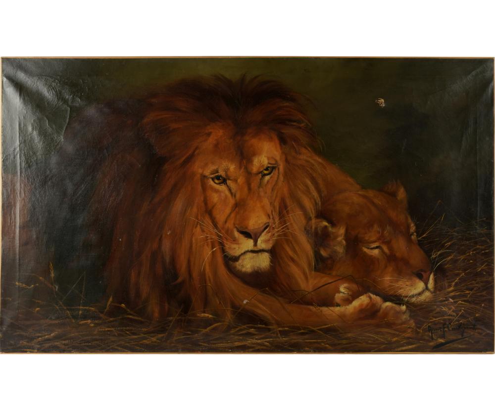 Appraisal: LION PAINTINGoil on canvas signed Albert F Cronk illegible x