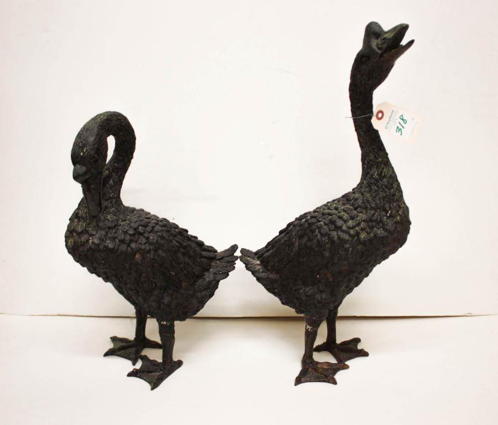 Appraisal: TWO PATINATED BRONZE WATERFOWL Chinese goose and gander standing pose