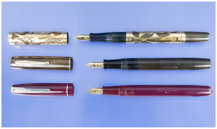 Appraisal: Watermans Collection Of Three Watermans Fountain Pens Comprising A Burgundy