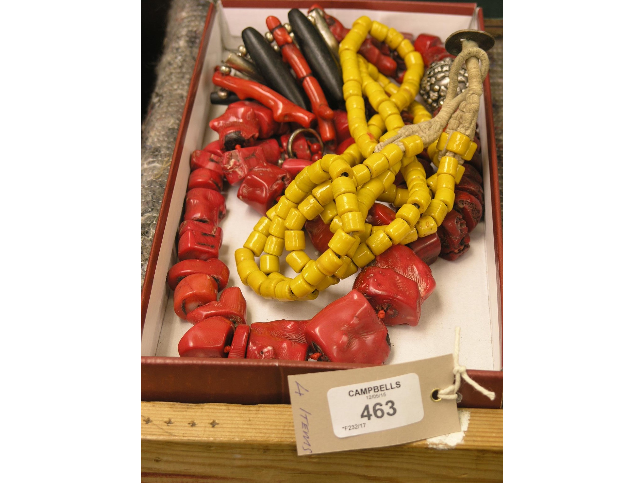 Appraisal: Two red coral large-bead necklaces a coral and metal stick