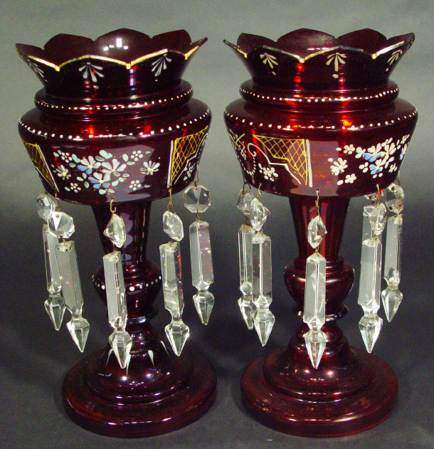 Appraisal: Pair of Victorian ruby glass lustres with enamel decoration and