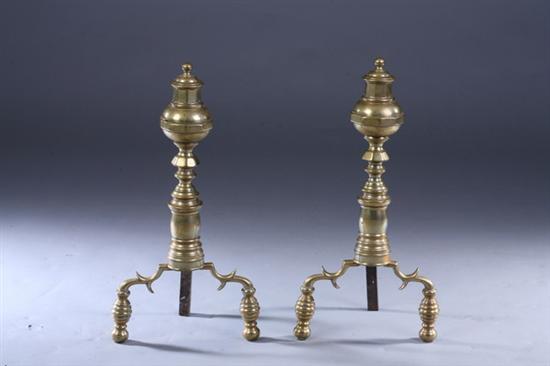 Appraisal: PAIR LATE FEDERAL BRASS ANDIRONS early th century Lantern and