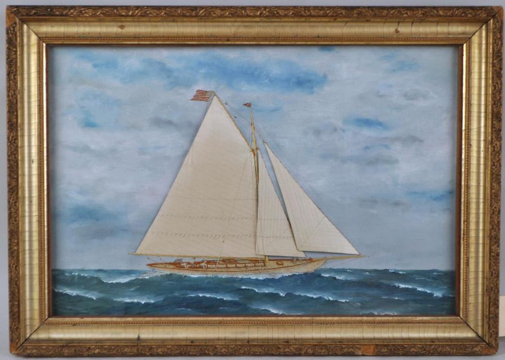 Appraisal: Attr T Willis Silk Work Painting Of Racing Sloop attributed