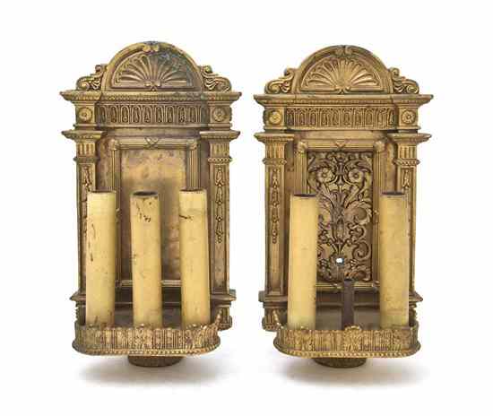 Appraisal: A Pair of Gilt Bronze Three-Light Sconces each of portico