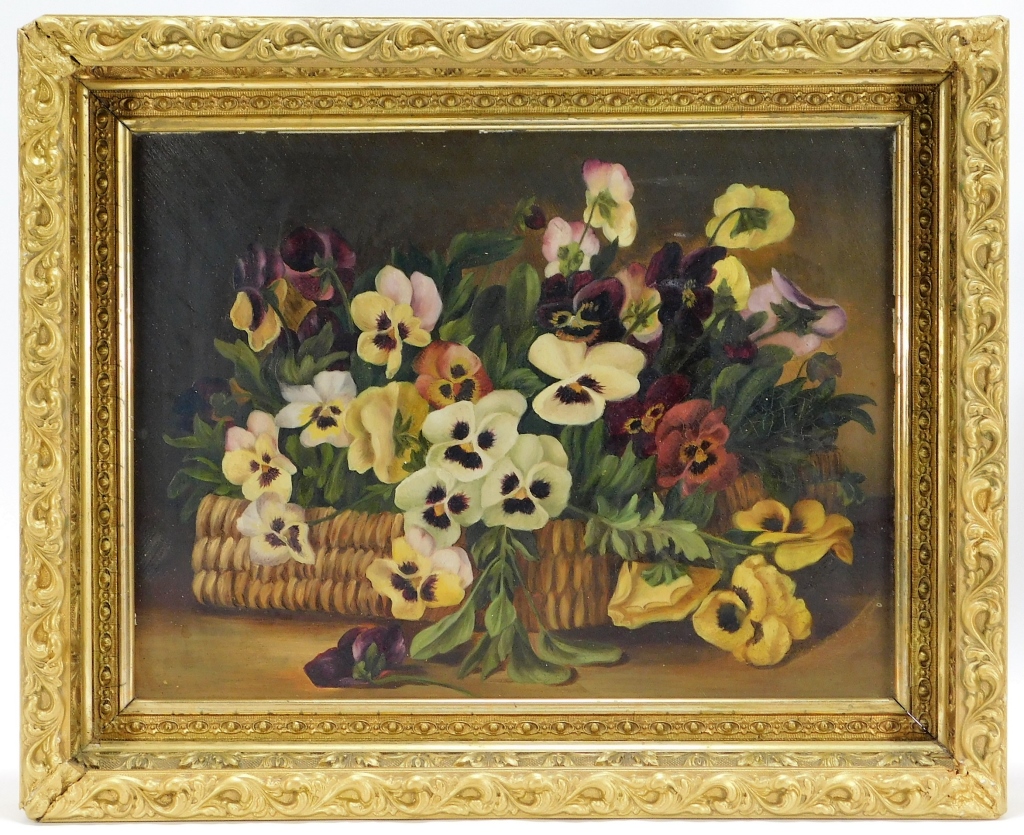 Appraisal: ANTIQUE VICTORIAN PANSY FLOWER BASKET PAINTING United States Late th-