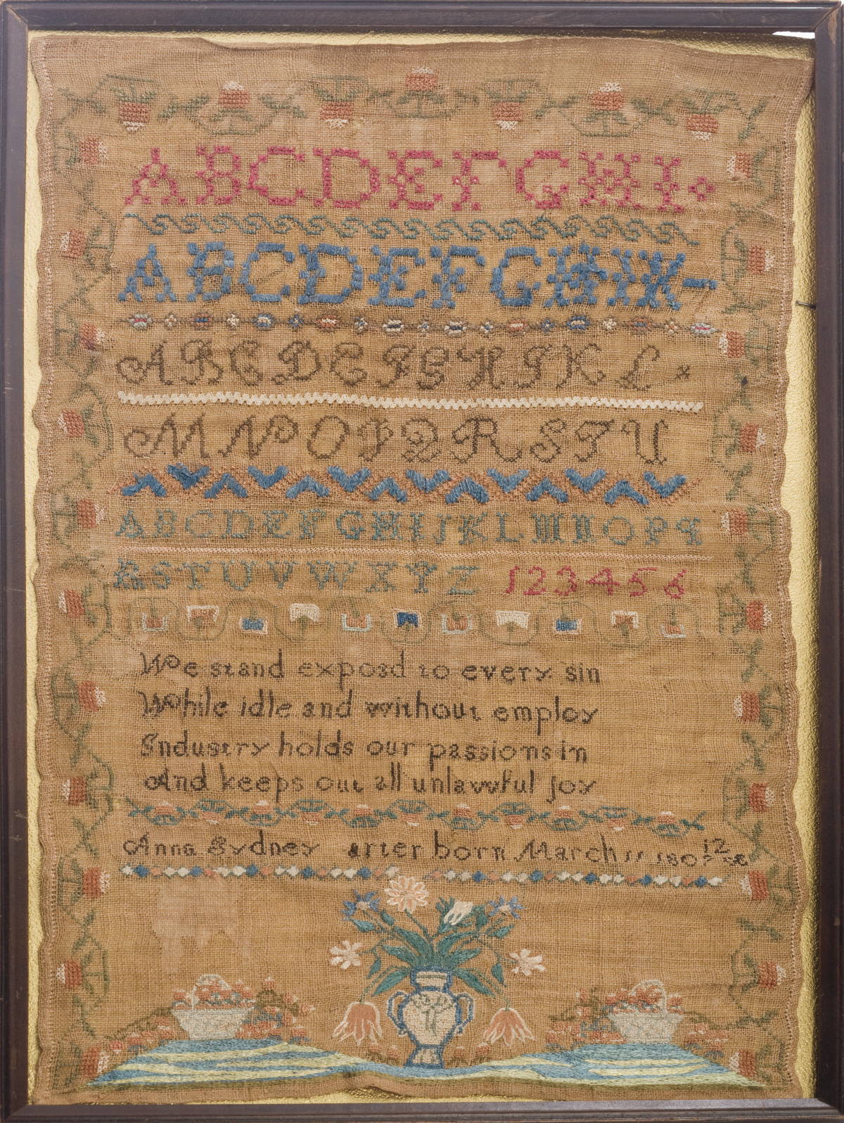 Appraisal: ANNA SYDNEY CARTER'S NEEDLWORK SAMPLER PROBABLY NEW ENGLAND With urn