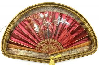 Appraisal: Framed hand painted fan Framed hand painted fan executed in