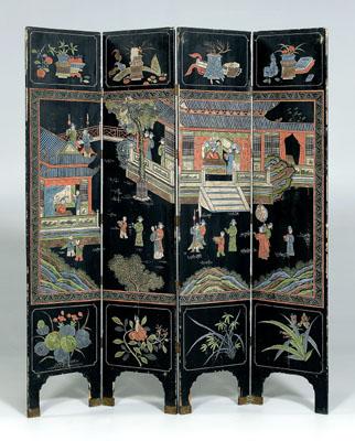 Appraisal: Chinese four-panel coromandel screen polychrome buildings and figures in courtyard