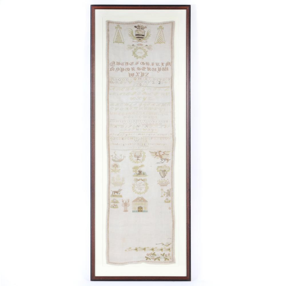 Appraisal: LARGE VERTICAL AMERICAN NEEDLEWORK SAMPLER ON LINEN WITH TEN STYLES