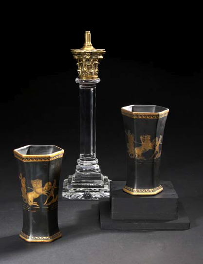 Appraisal: Pair of John Tams Staffordshire Parcel-Gilt Black Pottery Hexagonal Garniture