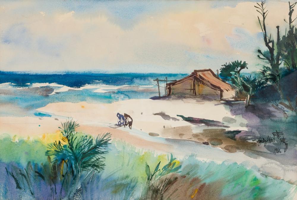 Appraisal: SHIY DE-JINN Chinese - Figures Along the Coast watercolor signed