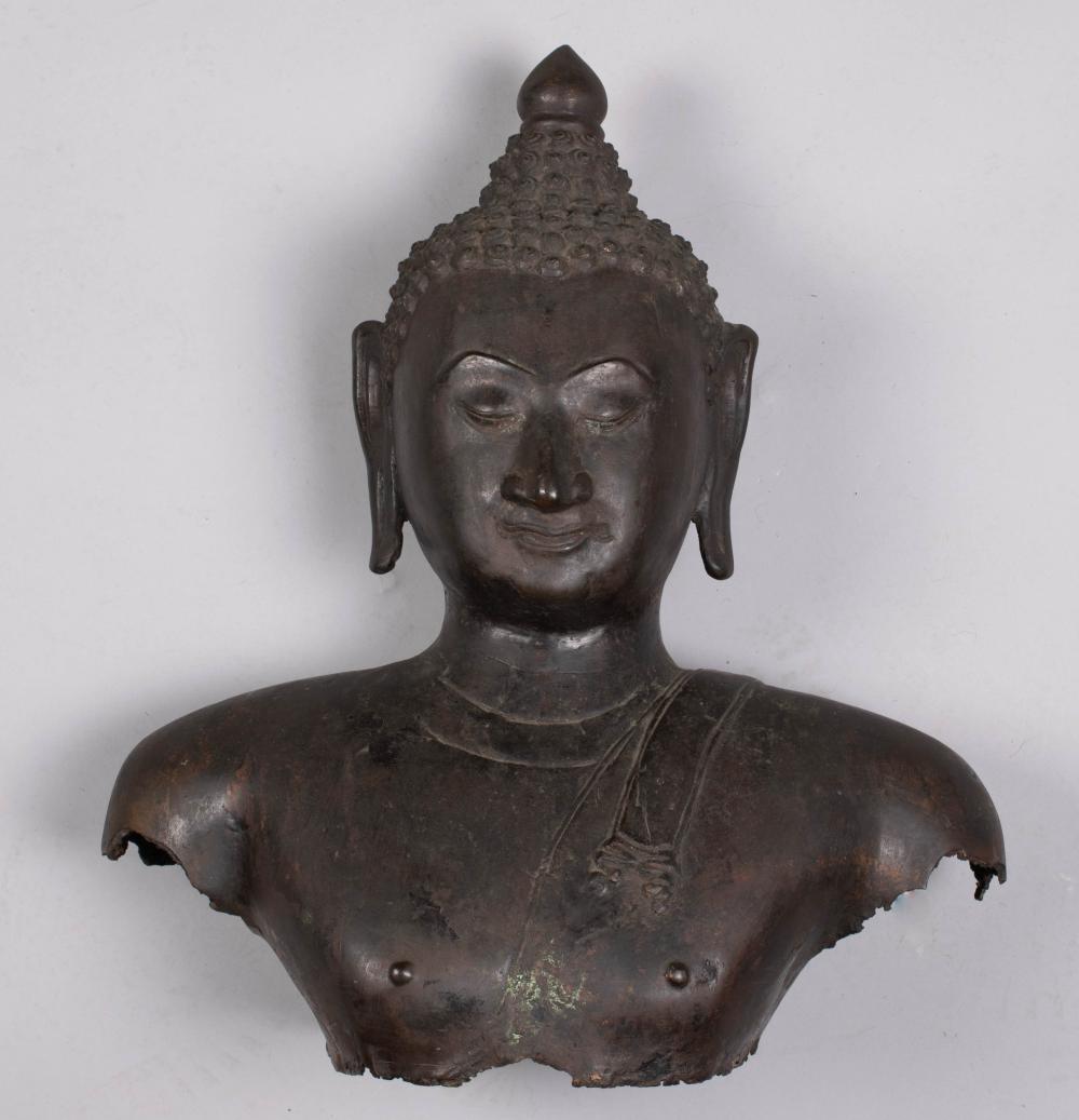 Appraisal: THAI BRONZE BUST OF THE BUDDHA of typical form with