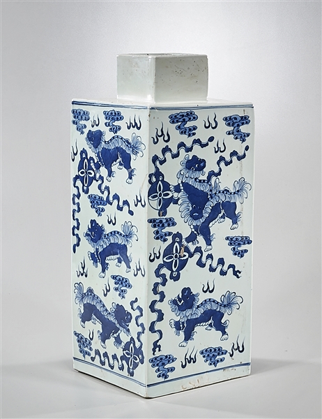 Appraisal: Chinese blue and white porcelain four-faceted container depicting qilin x