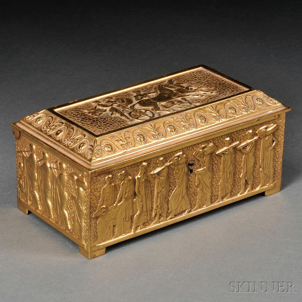 Appraisal: Dore Bronze Box with Repousse Figures th century rectangular shape