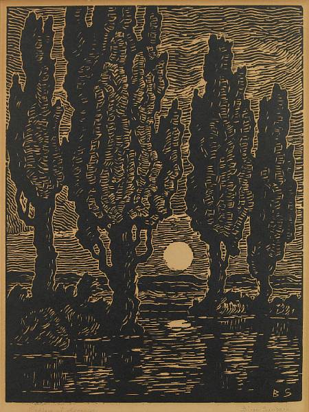 Appraisal: Birger Sandzen American - Poplars at Moonrise Woodcut on wove