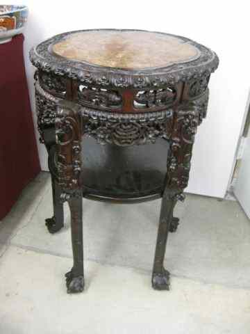 Appraisal: Chinese Carved Rosewood Stand redmarble inset top '' tall