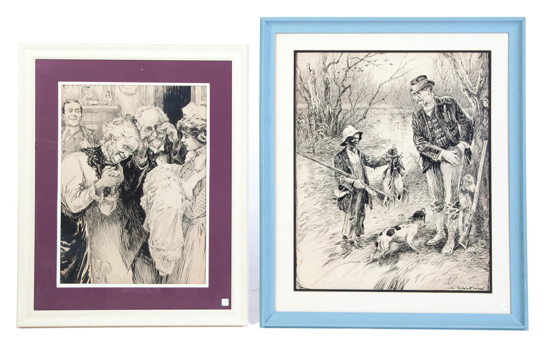 Appraisal: TWO FRAMED AND MATTED PEN AND INKS BY A RUSSELL