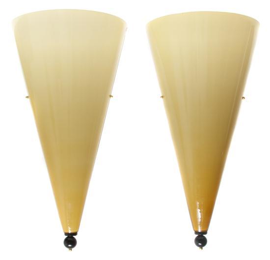 Appraisal: Pair of French Conical Glass Sconces s- s the yellow