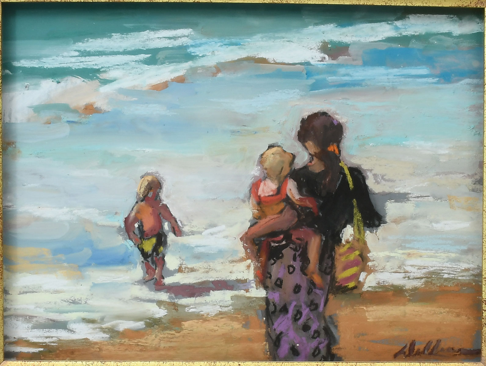 Appraisal: ILLEGIBLY SIGNED BEACH SCENE PAINTING Mother and Two Children at