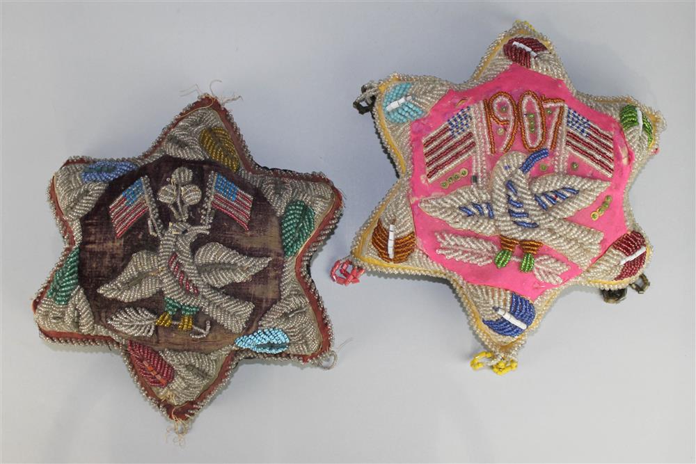 Appraisal: TWO NORTHEAST BEADED CLOTH WHIMSEYS IROQUOIS each cushion decorated with