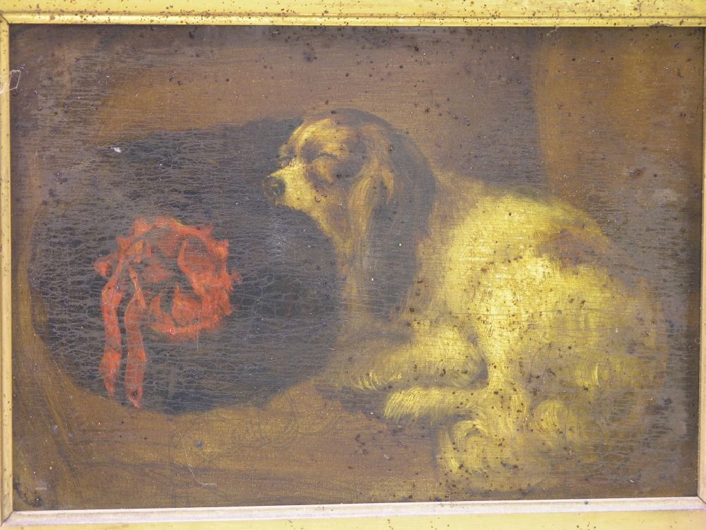 Appraisal: A th century oil on board sleeping spaniel unsigned x