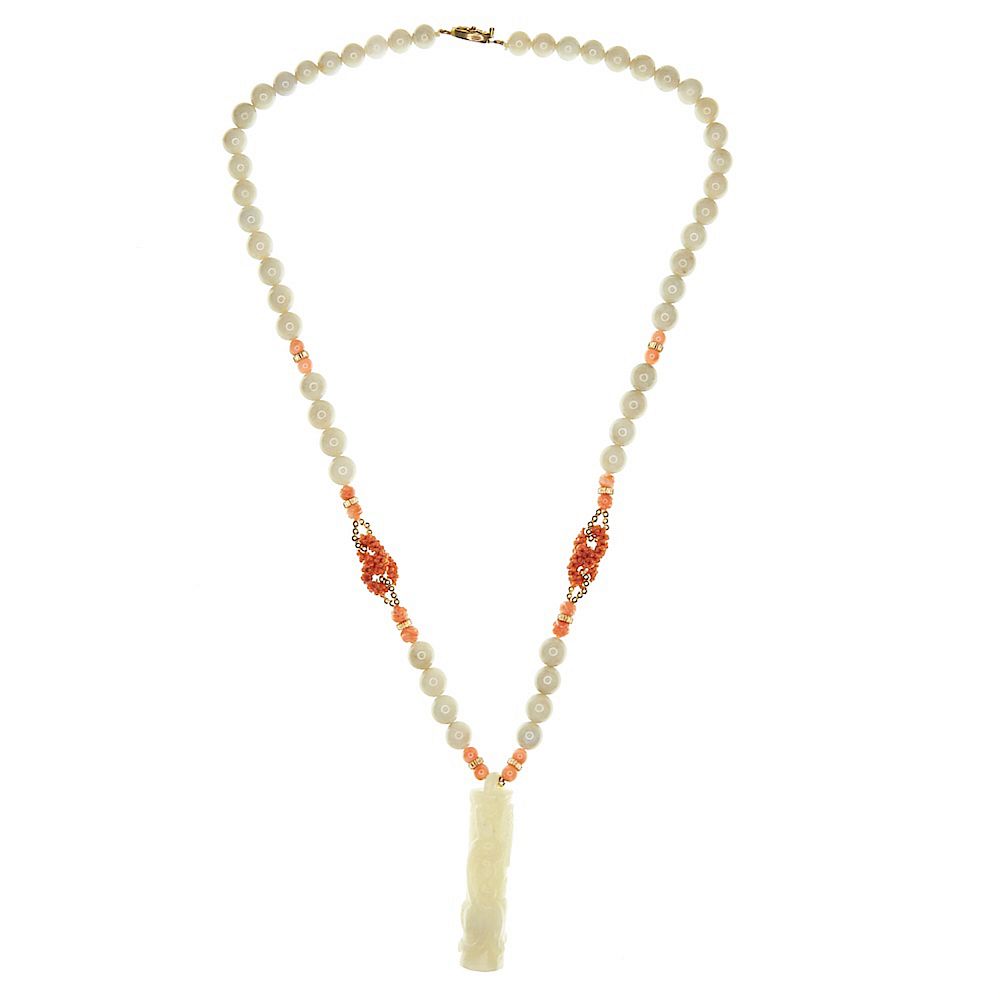 Appraisal: Chinese Jade Necklace with Coral Gold and Jade A lovely