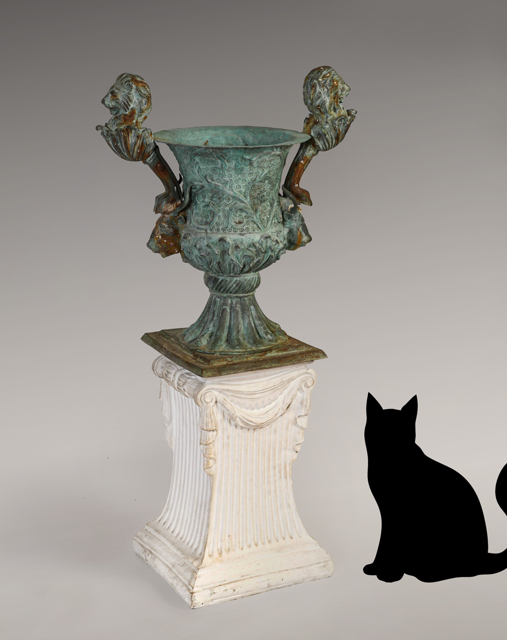 Appraisal: DETAILED BRONZE LION AND STEER URN ON PEDESTAL Urn planter