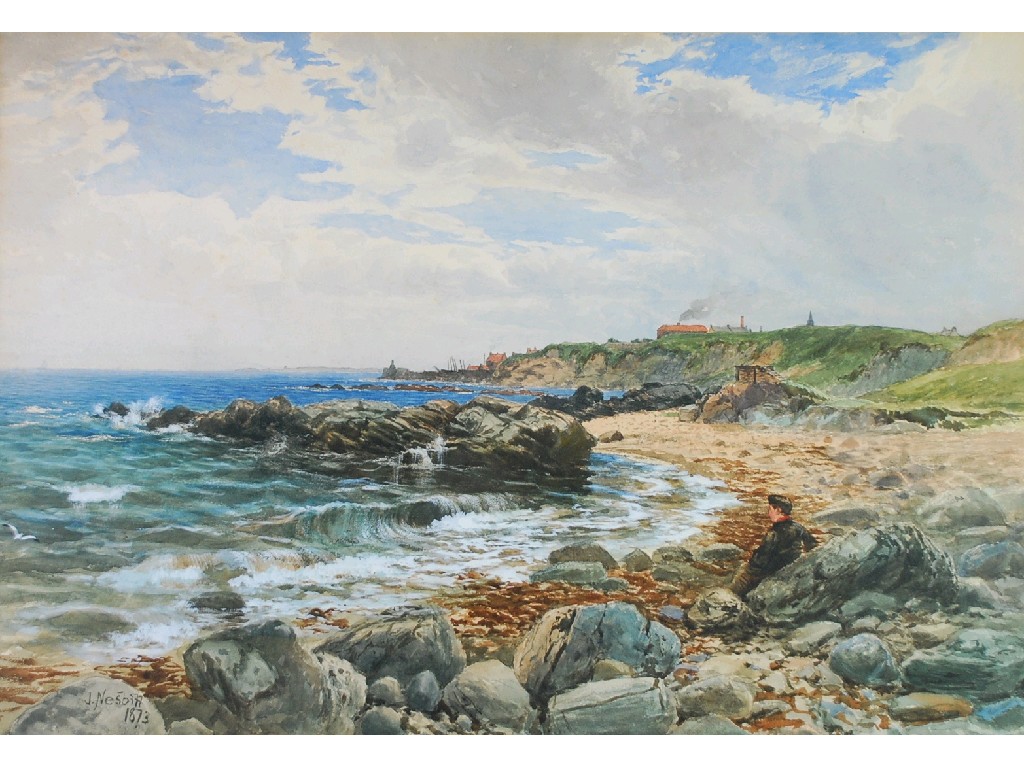 Appraisal: JOHN NESBITT - WATERCOLOUR 'Isle of Arran' beach scene with