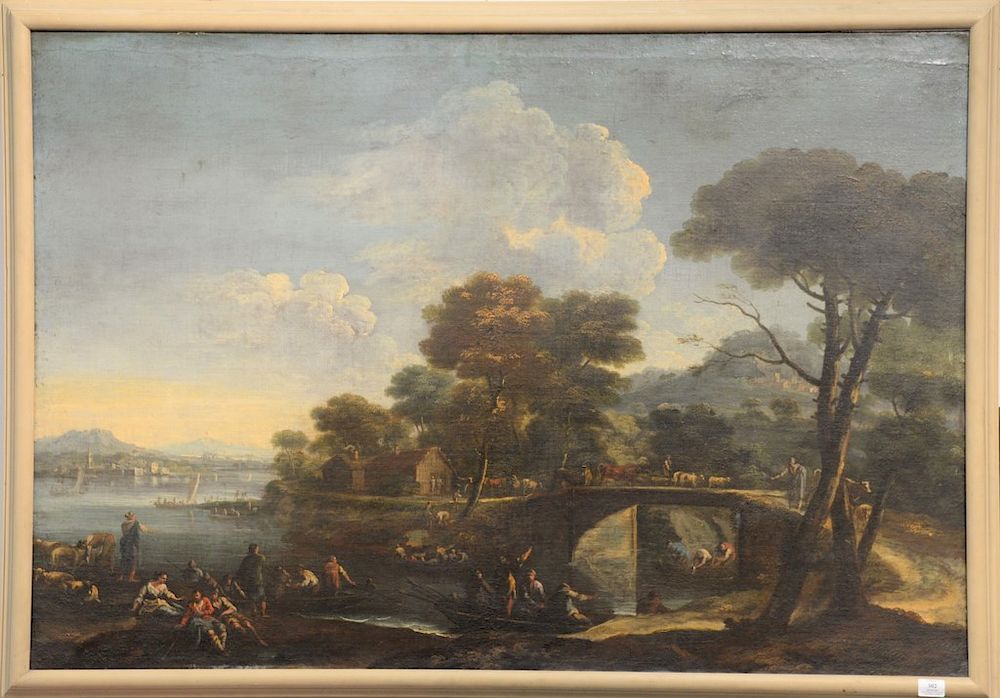 Appraisal: th th century oil on canvas landscape Path Along River