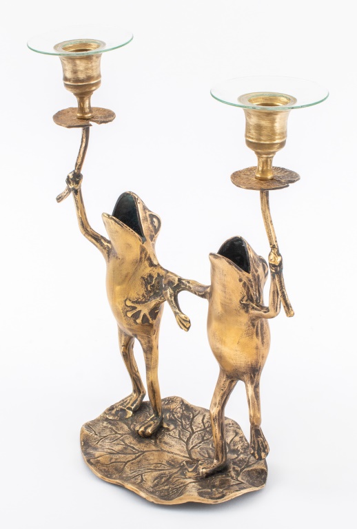 Appraisal: WHIMSICAL GILT BRASS DANCING FROGS CANDELABRA Whimsical gilt brass candelabra