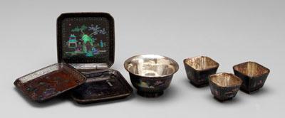 Appraisal: Seven pieces Chinese lac burgaute black lacquer with abalone and