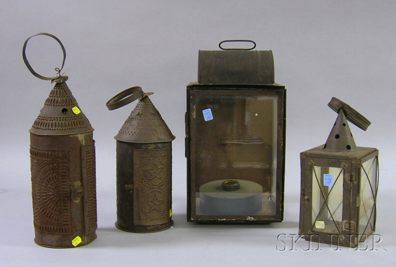 Appraisal: Two Punched Tin Candle Lanterns and Four Glass and Tin